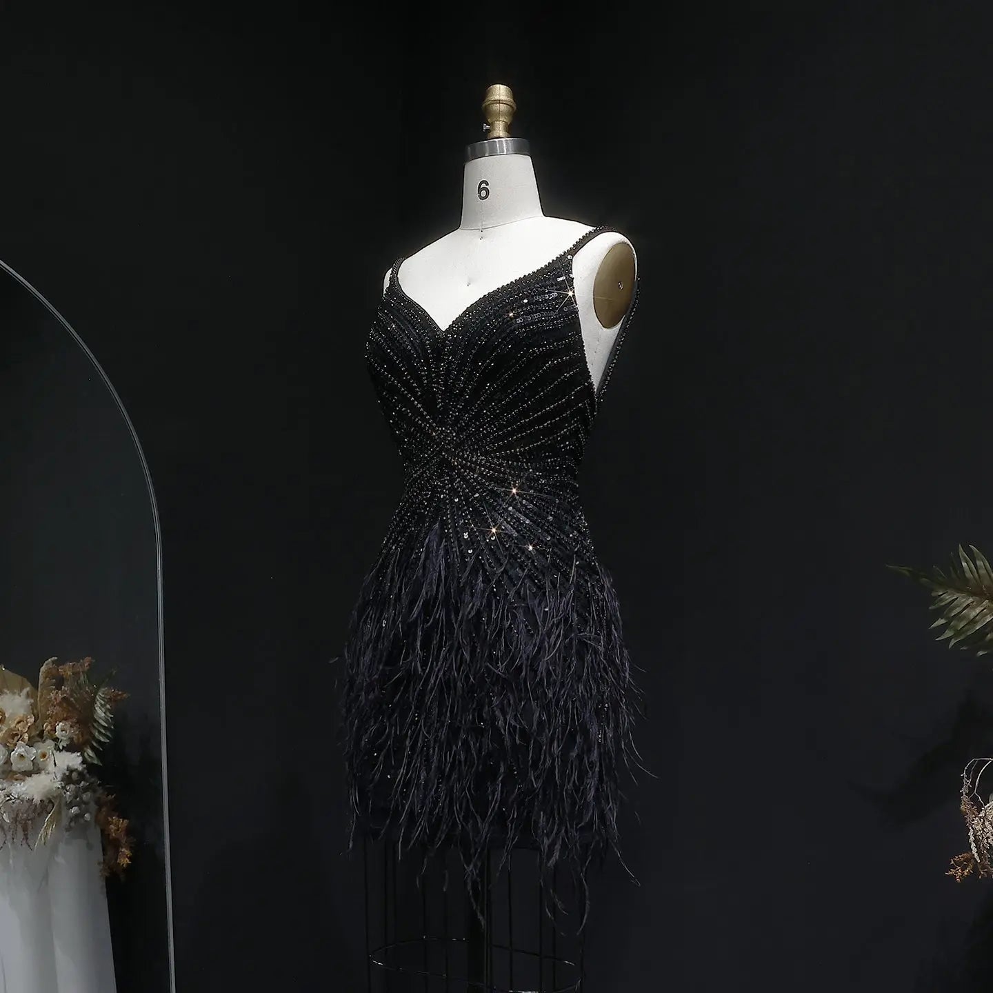 Sparkly Sequin Feather Mini Cocktail Dress Sweetheart Spaghetti Strap Party Dress RM124 - Black