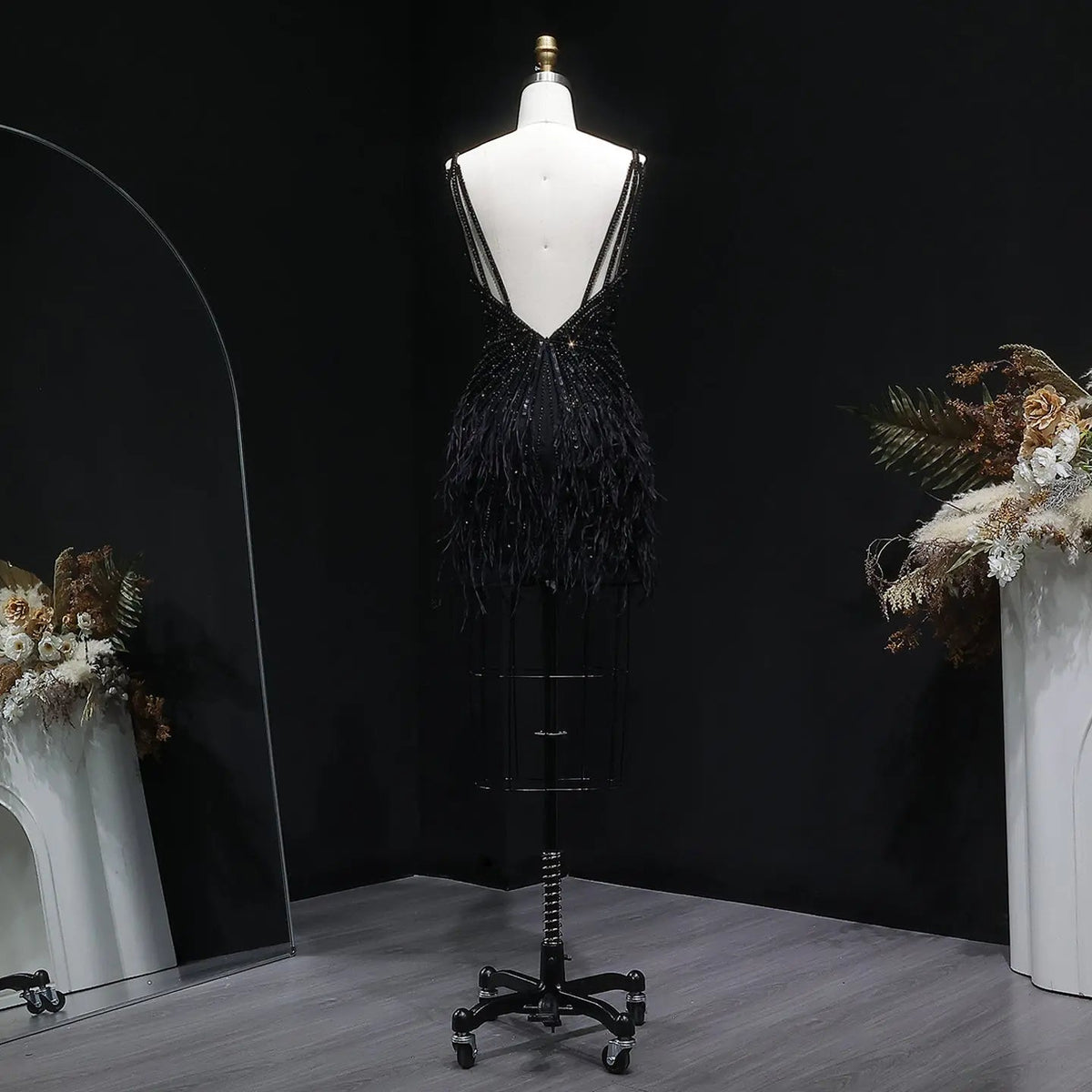 Sparkly Sequin Feather Mini Cocktail Dress Sweetheart Spaghetti Strap Party Dress RM124 - Black