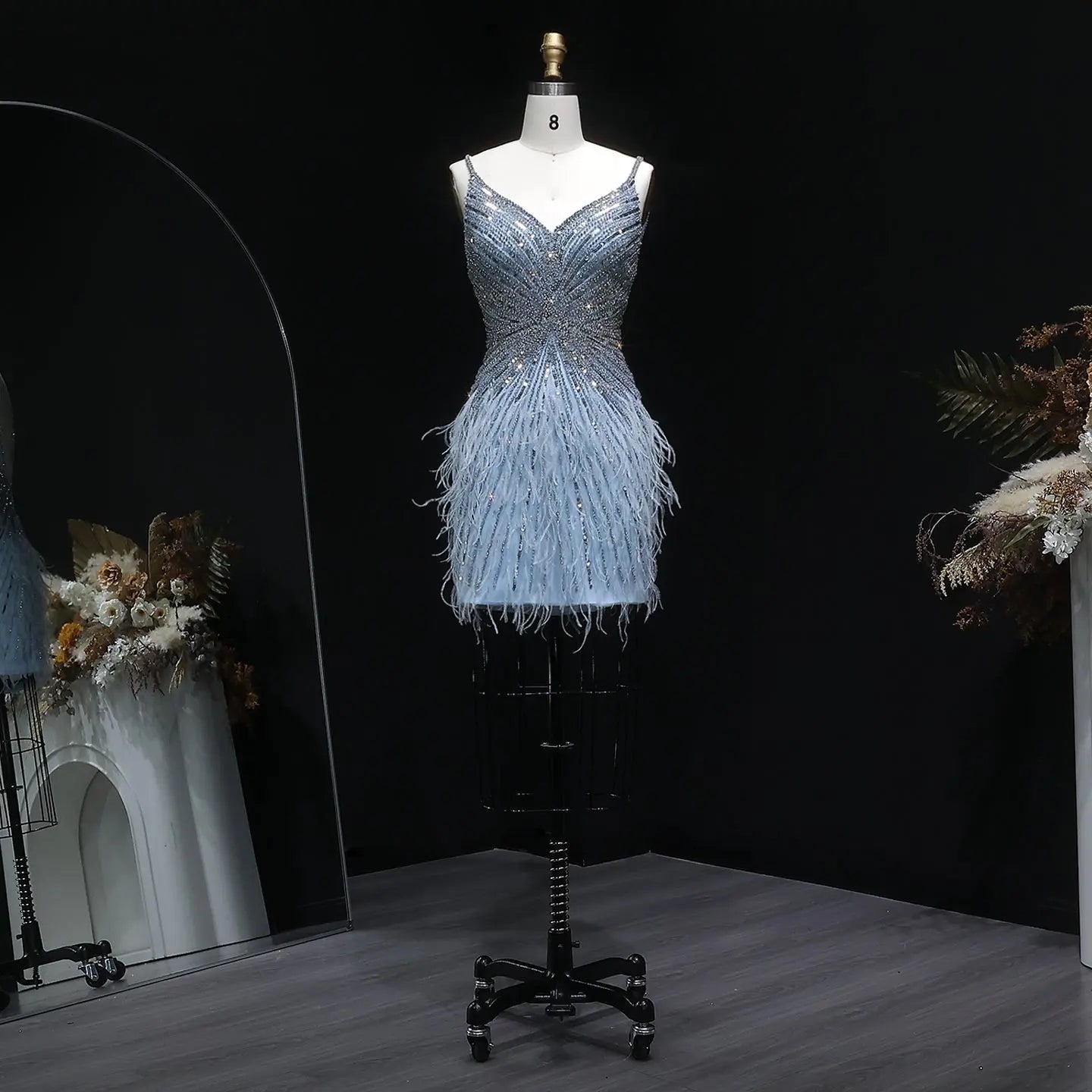 Sparkly Sequin Feather Mini Cocktail Dress Sweetheart Spaghetti Strap Party Dress RM124 - Blue