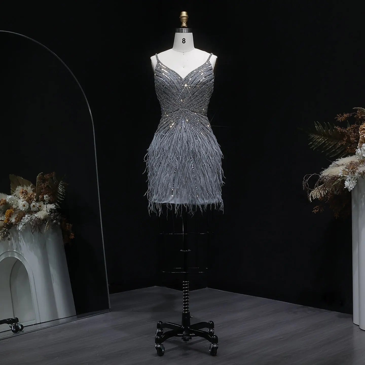 Sparkly Sequin Feather Mini Cocktail Dress Sweetheart Spaghetti Strap Party Dress RM124 - Gray