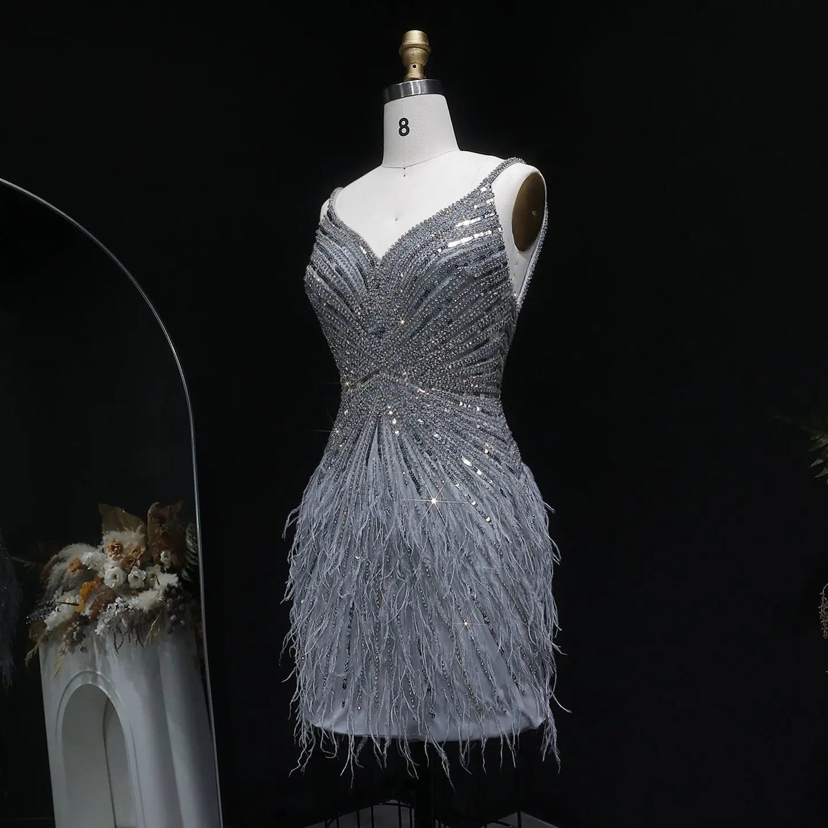 Sparkly Sequin Feather Mini Cocktail Dress Sweetheart Spaghetti Strap Party Dress RM124 - Gray