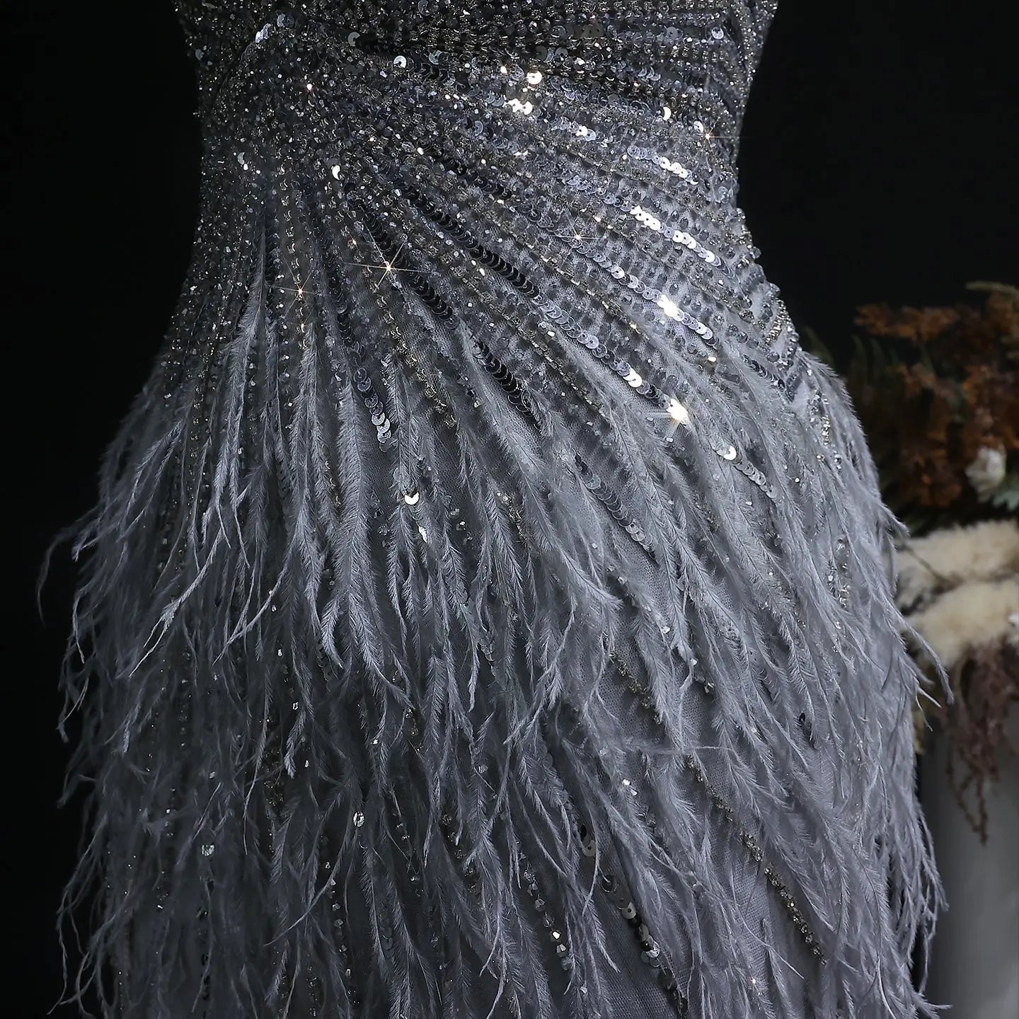 Sparkly Sequin Feather Mini Cocktail Dress Sweetheart Spaghetti Strap Party Dress RM124 - Gray