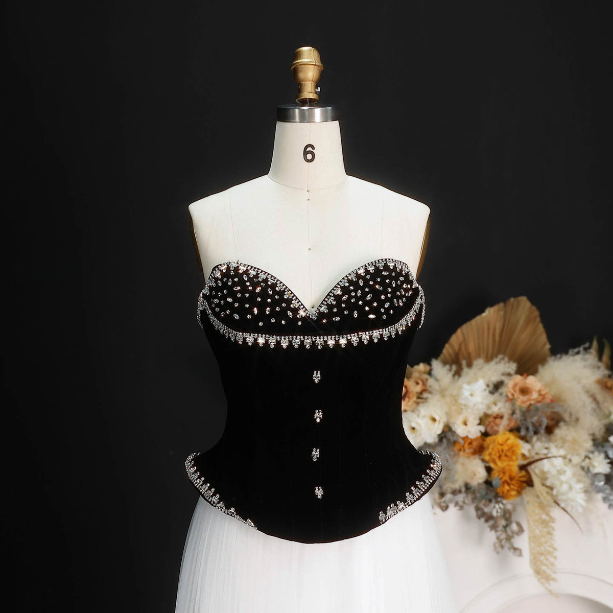 Glamorous Black White Strapless Beaded Corset High Slit Evening Dress SF508