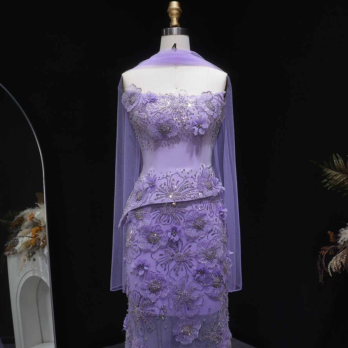 Luxury Lilac 3D Floral Applique Evening Dress with Sheer Tulle and Scarf SS415