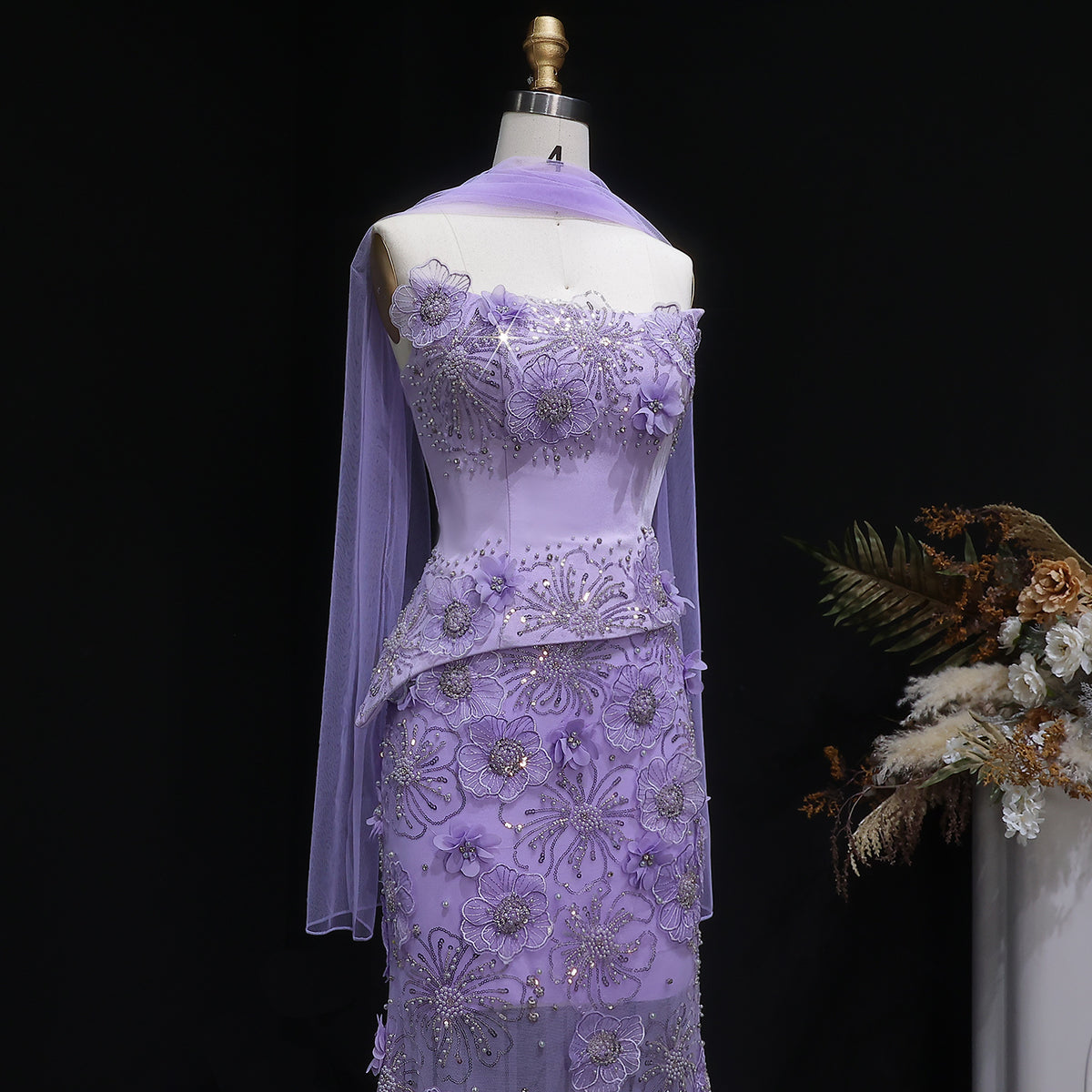 Luxury Lilac 3D Floral Applique Evening Dress with Sheer Tulle and Scarf SS415