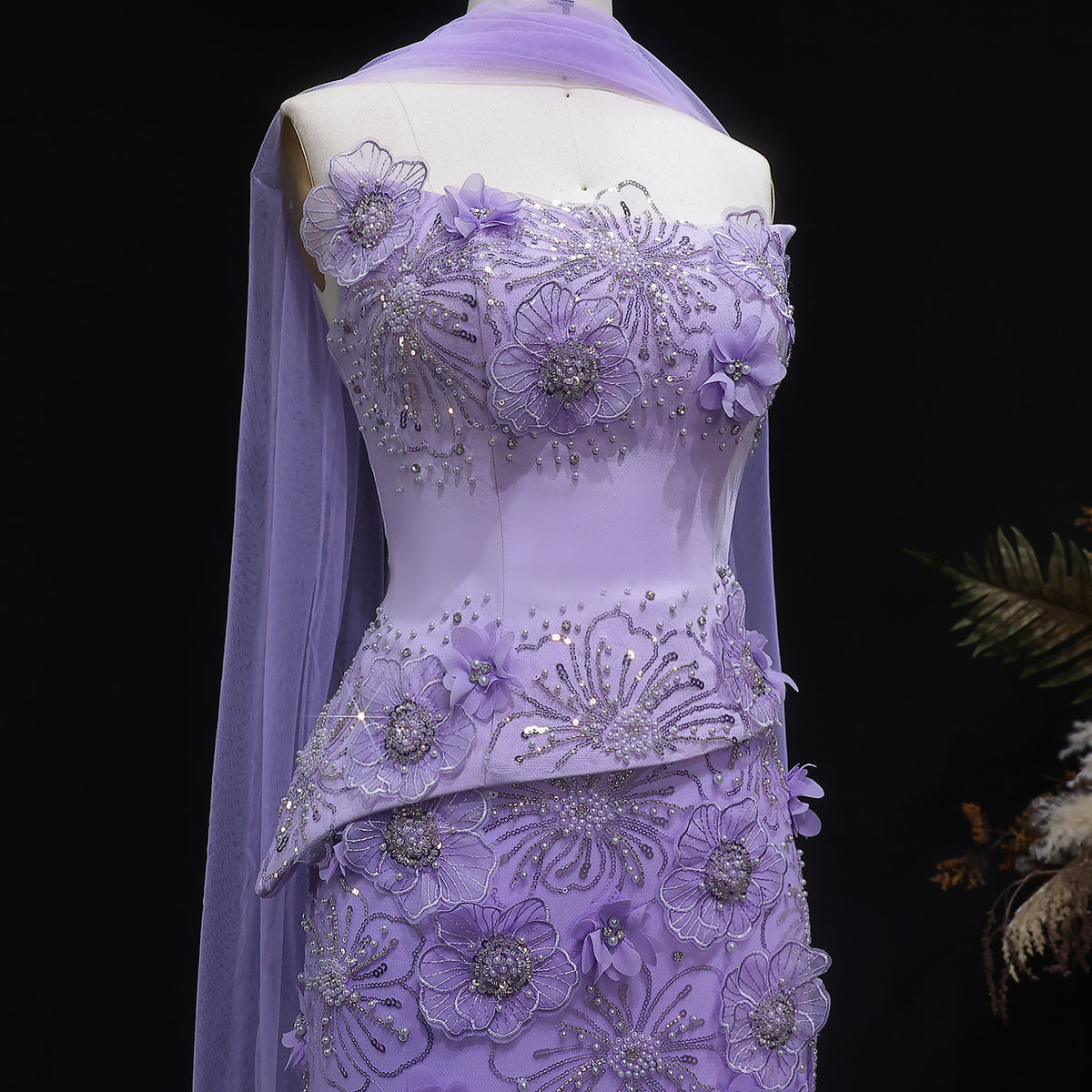 Luxury Lilac 3D Floral Applique Evening Dress with Sheer Tulle and Scarf SS415