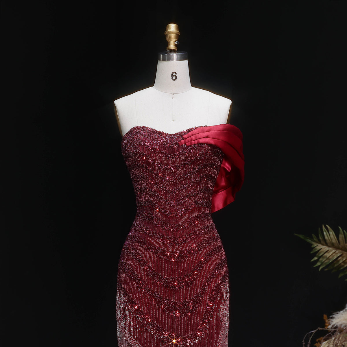 Elegant Burgundy Ombre Beaded Off-Shoulder Mermaid Evening Dress with Cap SS530