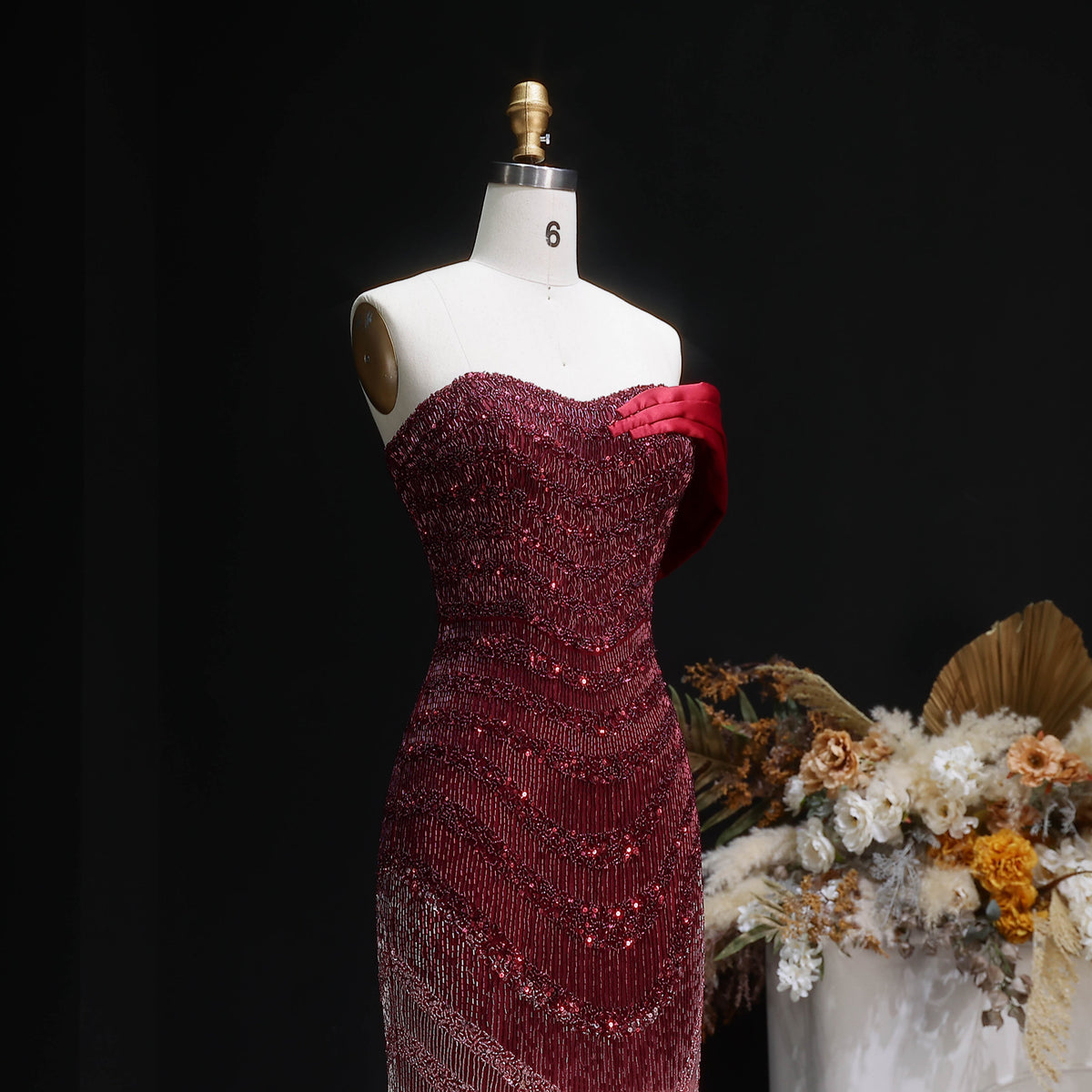 Elegant Burgundy Ombre Beaded Off-Shoulder Mermaid Evening Dress with Cap SS530