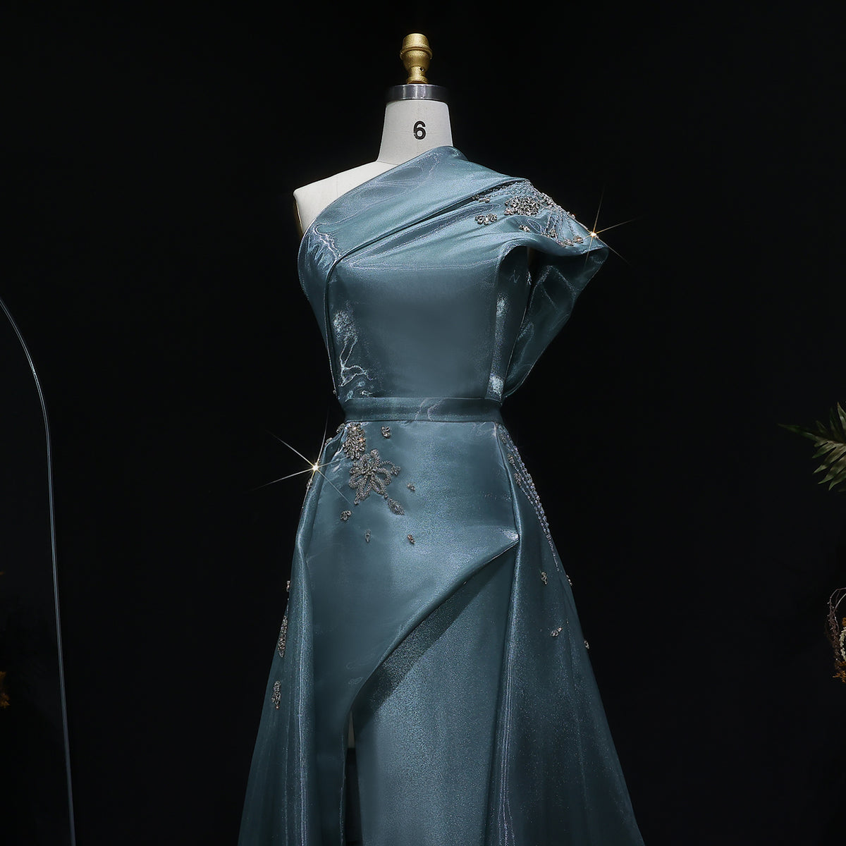 Luxury Turquoise Crystal One-Shoulder Evening Dress with Overskirt SS600