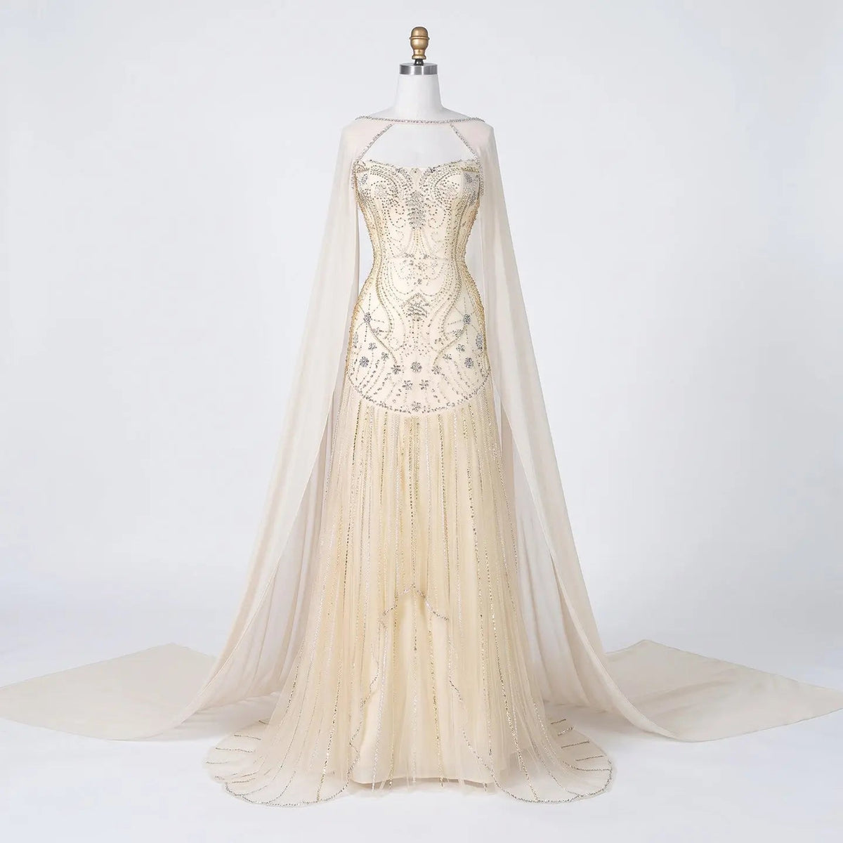Yellow Rhinestone Cape Sleeve Mermaid Long Evening DressSS526