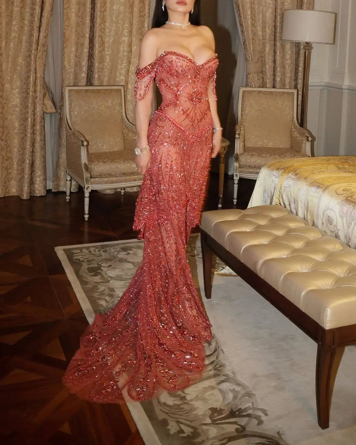 Fuchsia Beading Tassel Off-Shoulder Sleeves Evening Dresses SS516