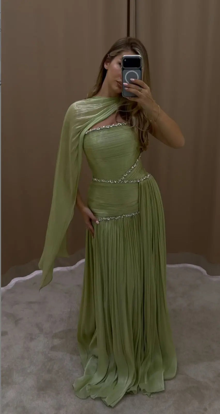 Green Pleated Drape Cape Formal Evening Maxi Dress SF189