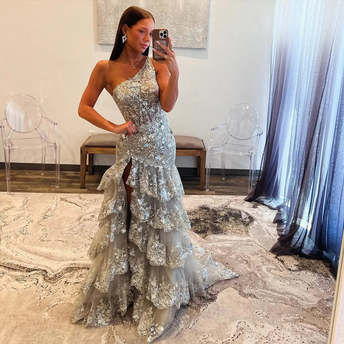 Luxury Gray One-Shoulder Beaded Tiered High-Slit Prom Dress SH152