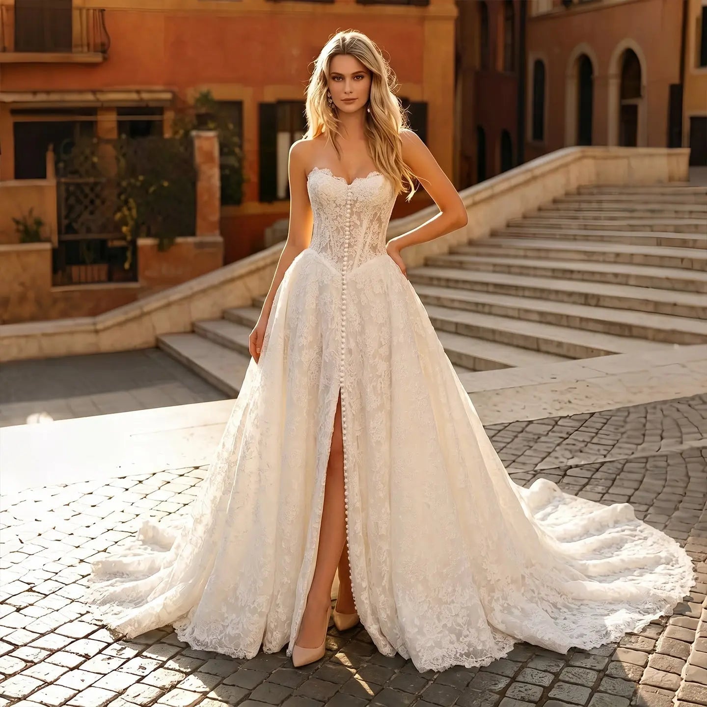 White Floral Lace Strapless Bridal Gown Sweetheart Neckline Front Button Ball Gown SW742 - White