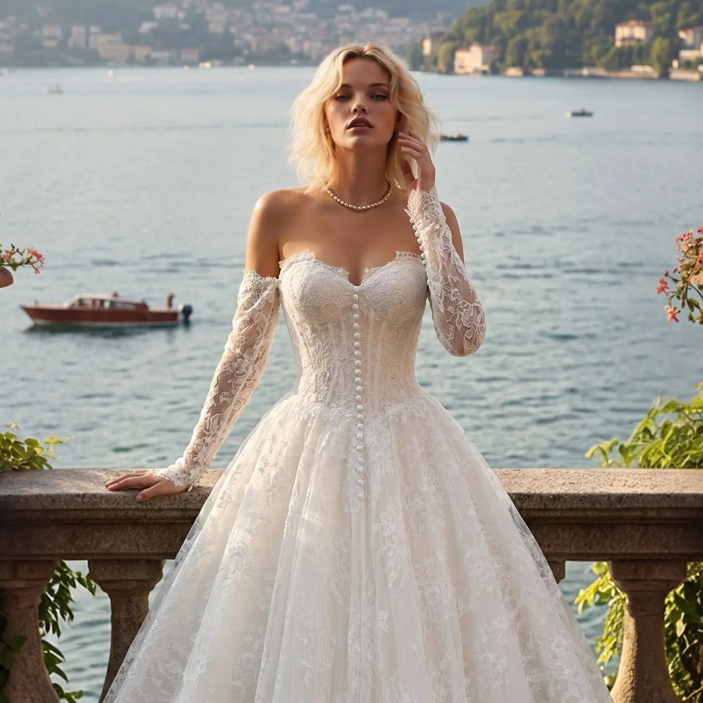 White Floral Lace Ball Gown Wedding Dress with Sweetheart Neckline and Detachable Long Sleeves SW677 - White