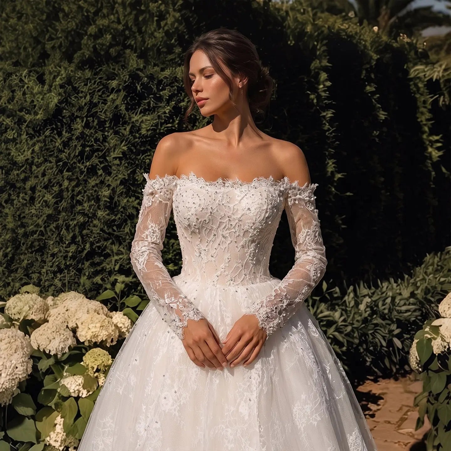 White Lace and Tulle Ball Gown Wedding Dress Off the Shoulder Beaded Bridal Dress SW679 - White