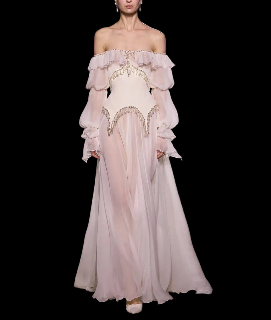 Elegant Pearl Pink Off Shoulder Chiffon Evening Dress SS412