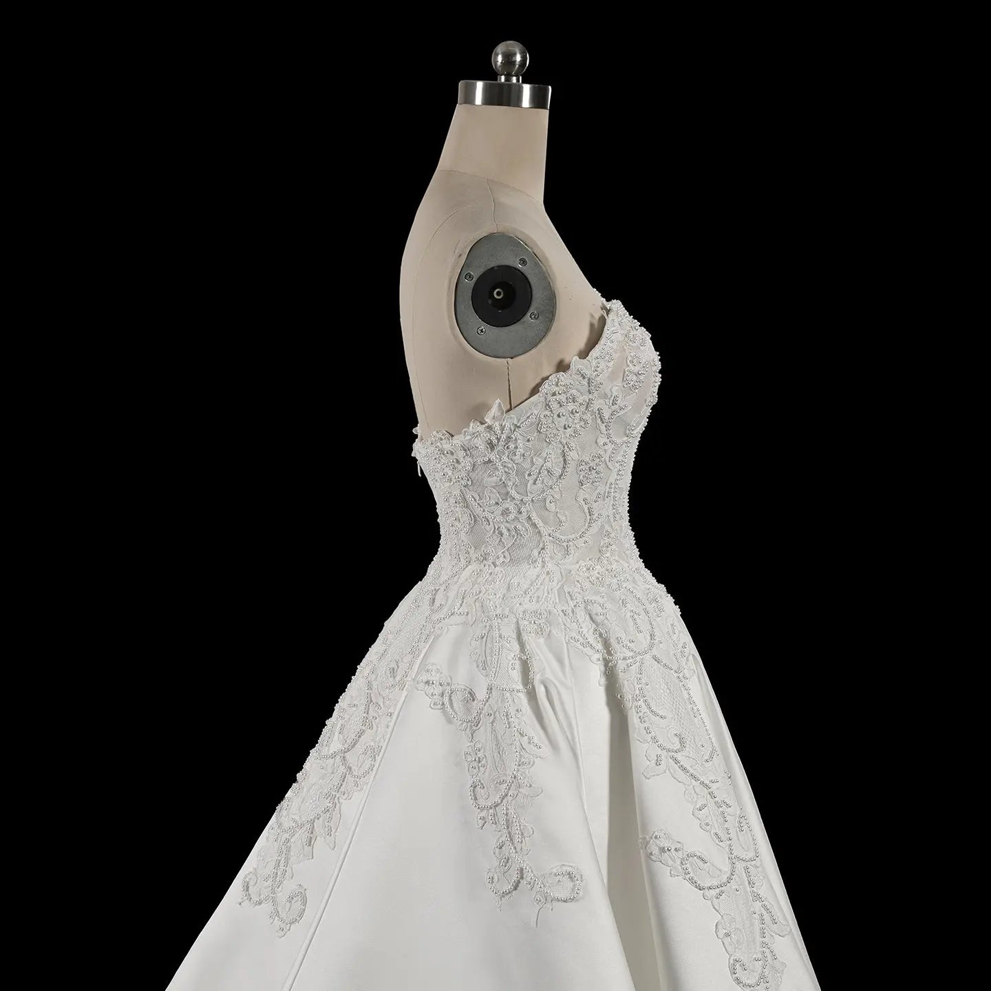 White Satin Strapless Wedding Dress Lace Appliques Sweetheart Neckline Ball Gown SW743 - White