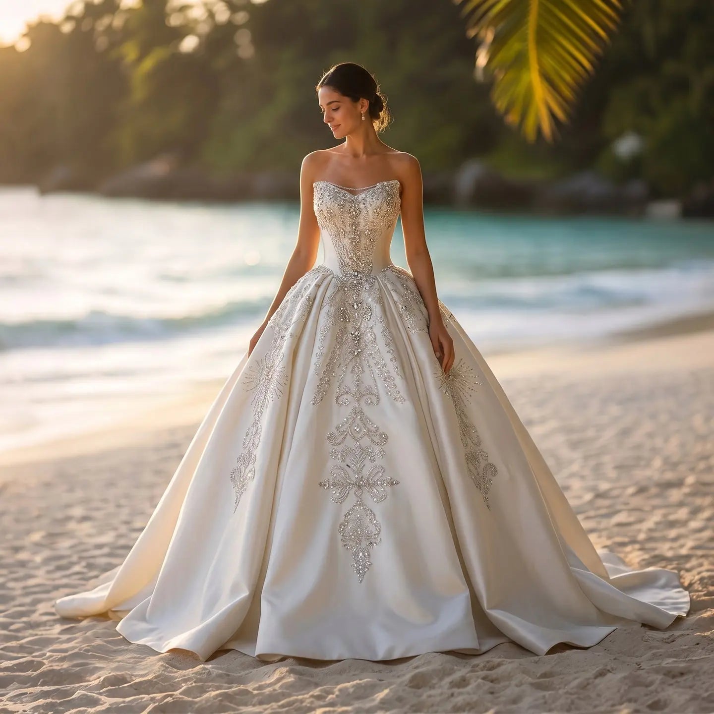 White Satin Strapless Ball Gown Wedding Dress with Luxurious Beaded Lace and Cathedral Train SW676 - White