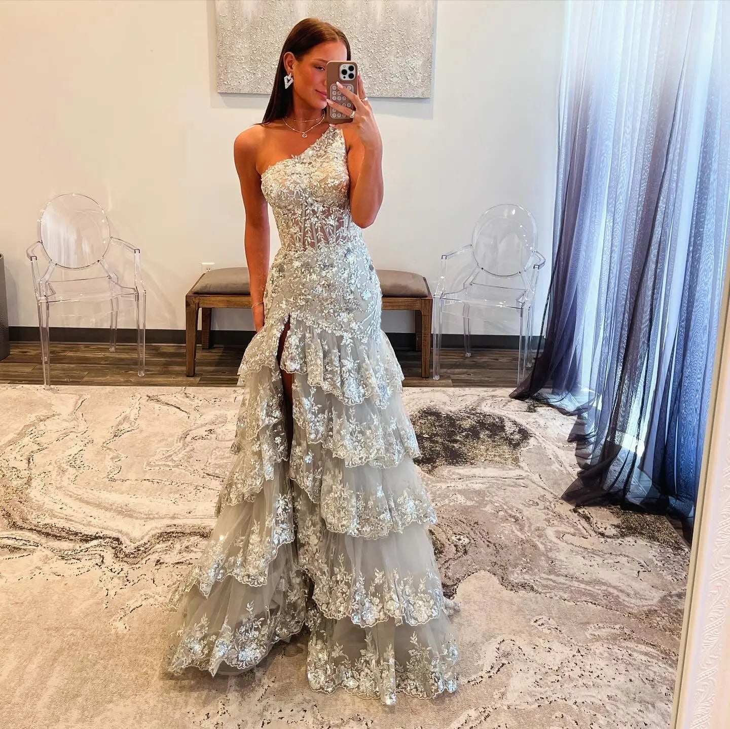 Luxury Gray One-Shoulder Beaded Tiered High-Slit Prom Dress SH152