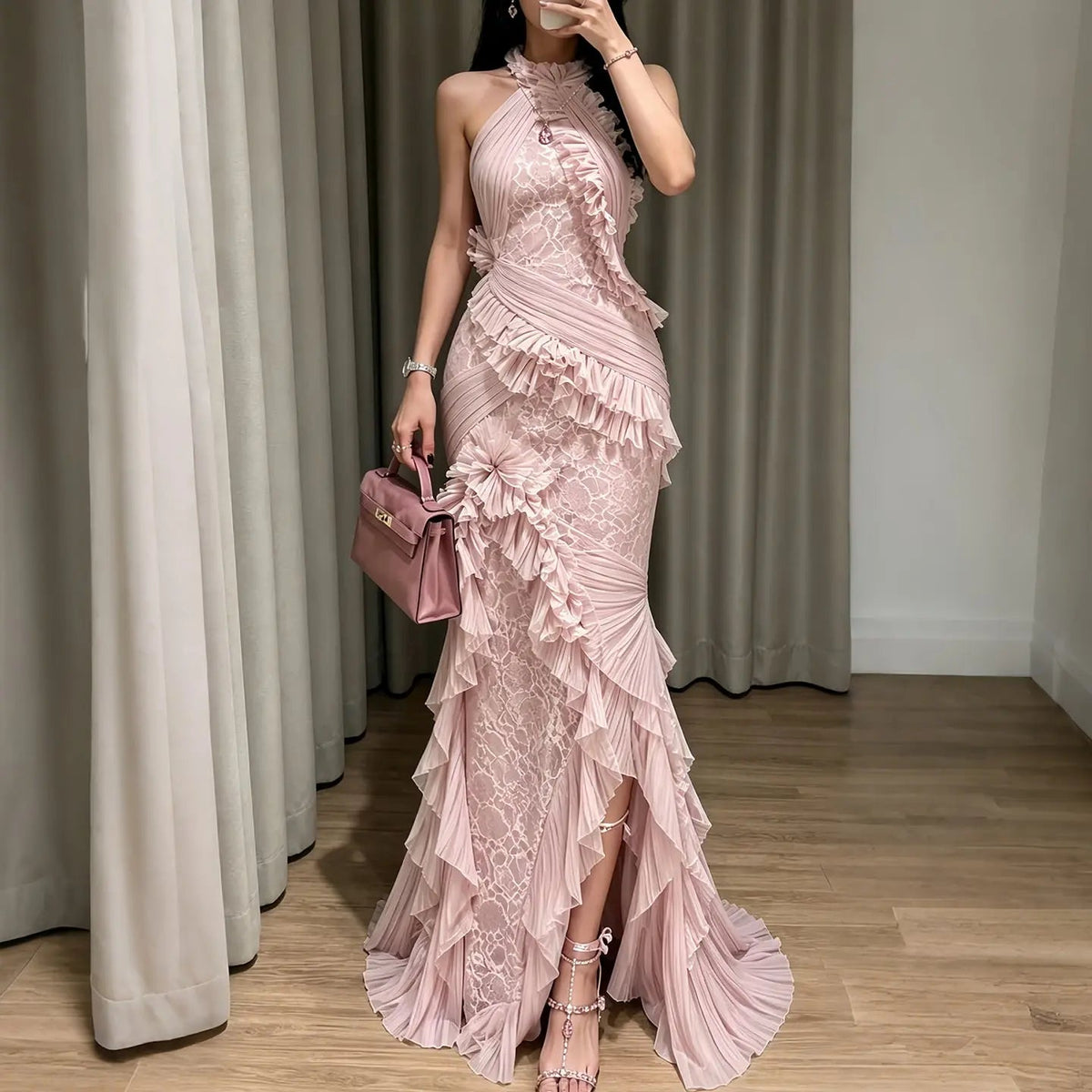 Pink Lace Halter Neck Ruffle Mermaid Evening Dress SF216