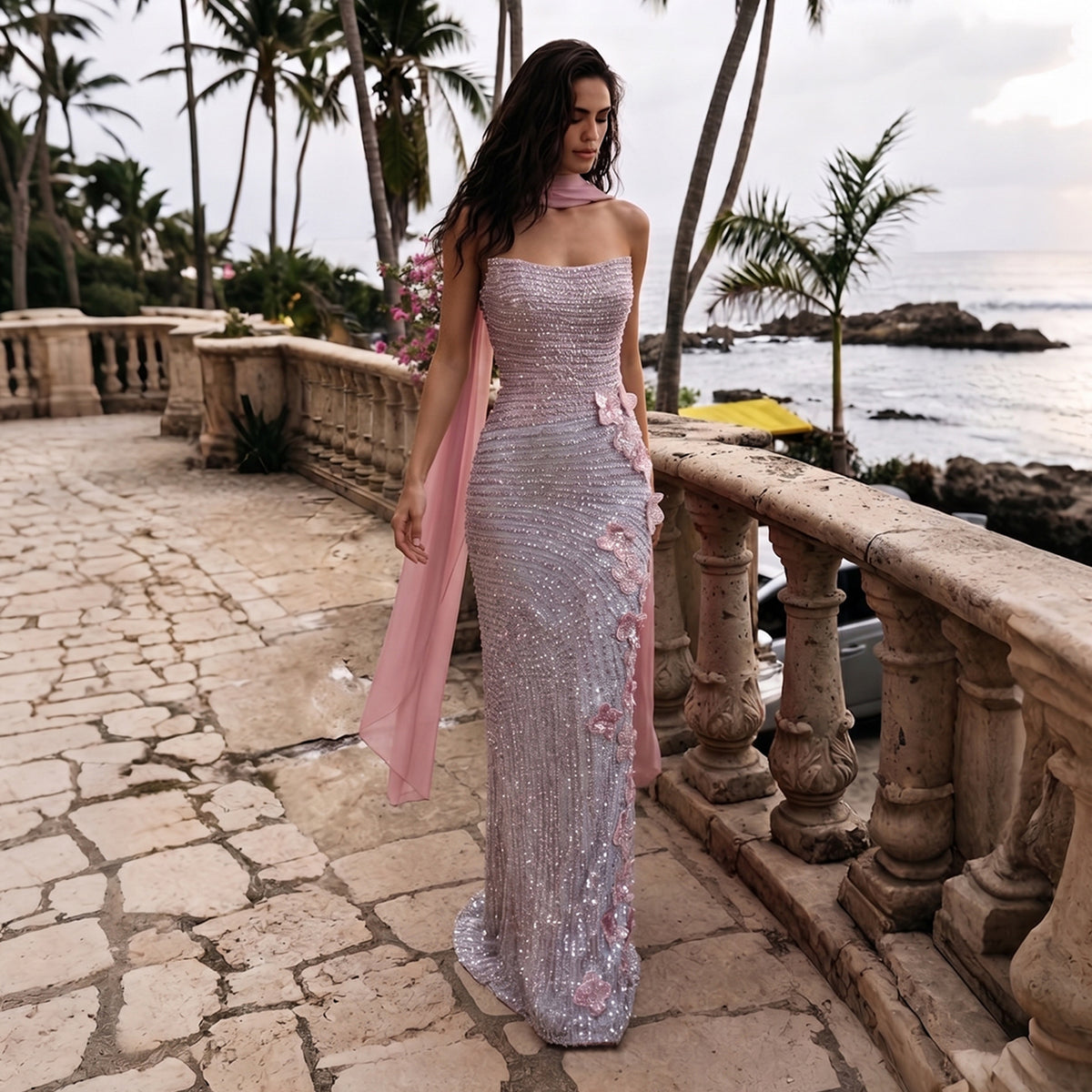 Glamorous Gradient Pink Silver Floral Sequin Mermaid Evening Dress with Scarf SS534