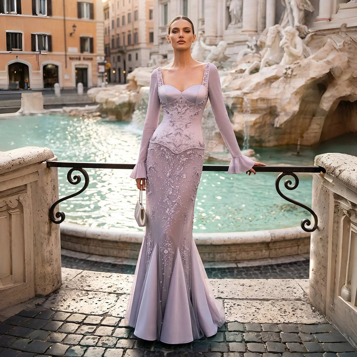 Pink Long Bell Sleeve Beaded Mermaid Evening Dress SS211