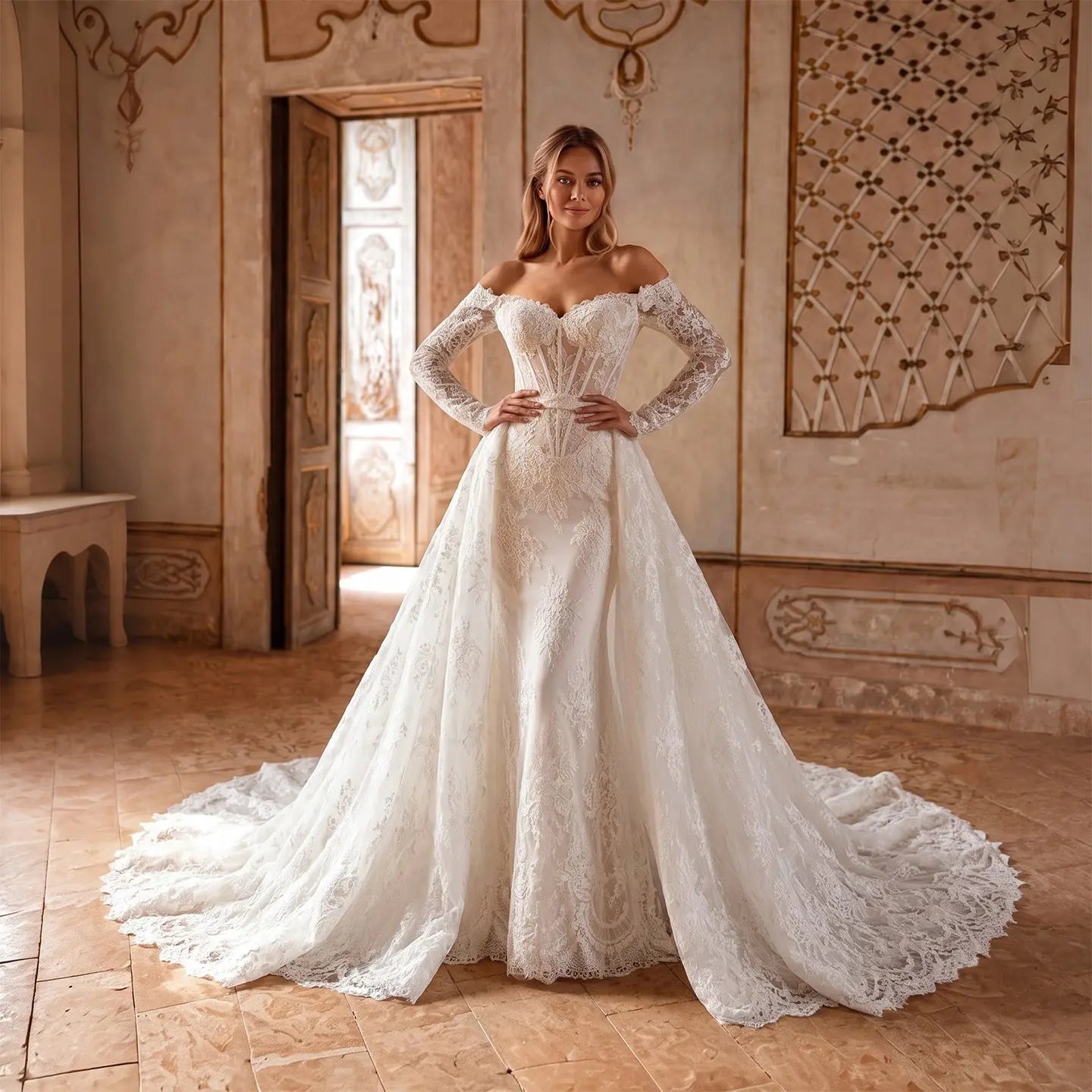 White Lace Mermaid Wedding Dress Off the Shoulder with Detachable Train and Long Sleeves SW678 - White