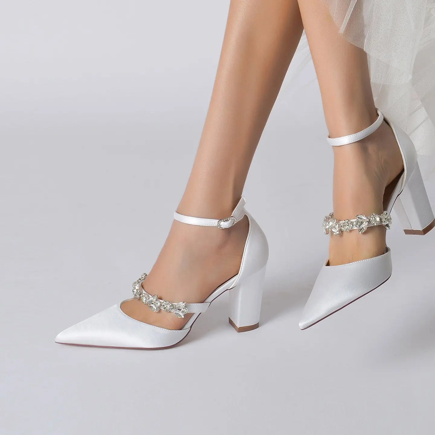 Pointed-Toe Block-Heel Pumps with Ankle Strap and Rhinestones HH022