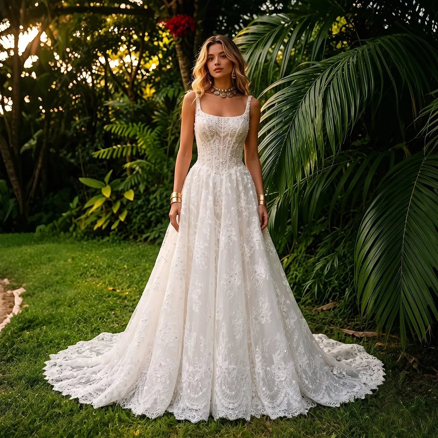 White Lace Spaghetti Strap Bridal Gown Square Neck Beaded Corset Ball Gown SW612 - White