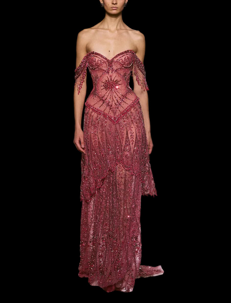 Elegant Fuchsia Beaded Tassel Off Shoulder Evening Dress SS516
