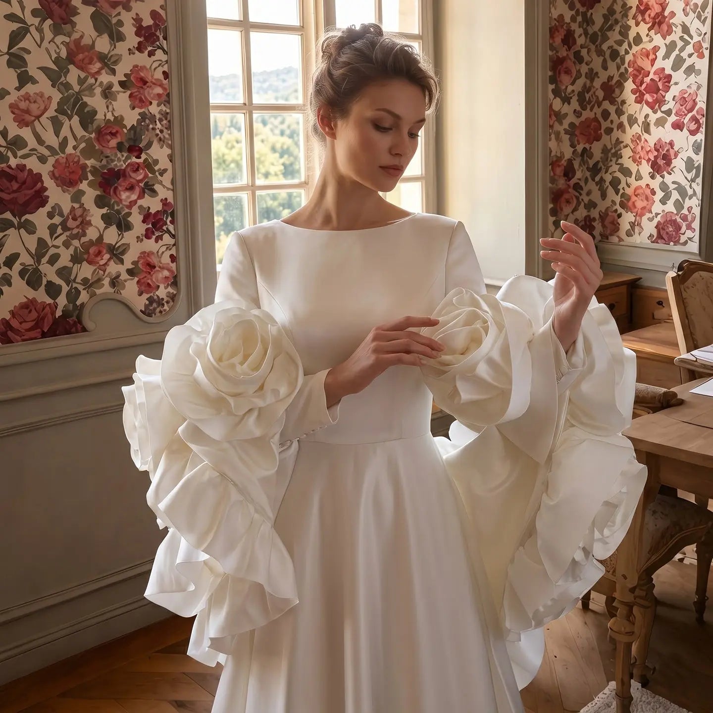 Ivory Romantic A-Line Satin Wedding Dress 3D Rose Floral With Veil SW661 - Ivory