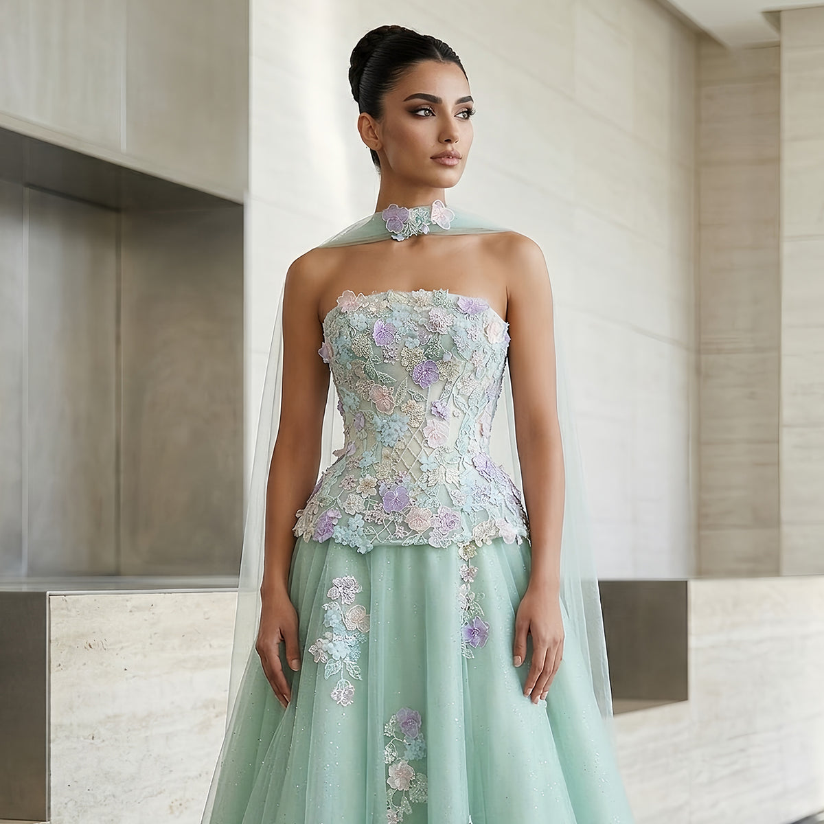 Elegant Sage Green Floral Applique Evening Dress with Scarf SS755