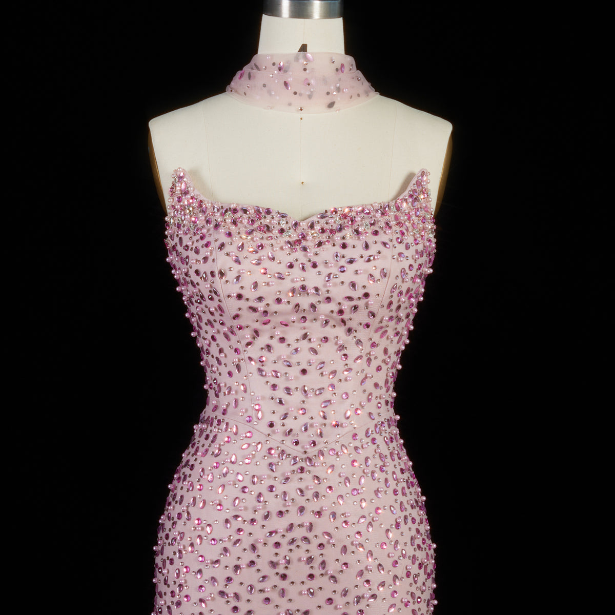 Luxury Pink Strapless Crystal Evening Dress with Cape and Choker SS382