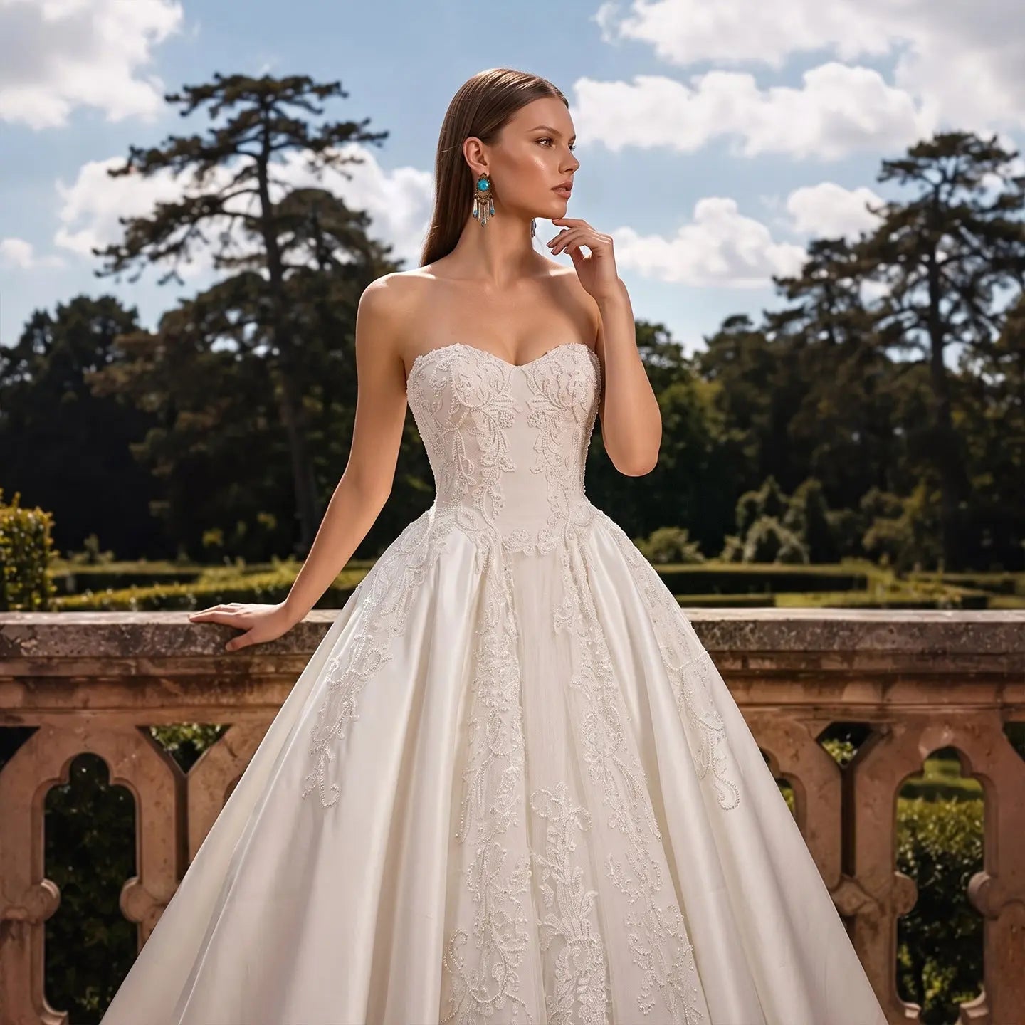 White Satin Strapless Wedding Dress Lace Appliques Sweetheart Neckline Ball Gown SW743 - White