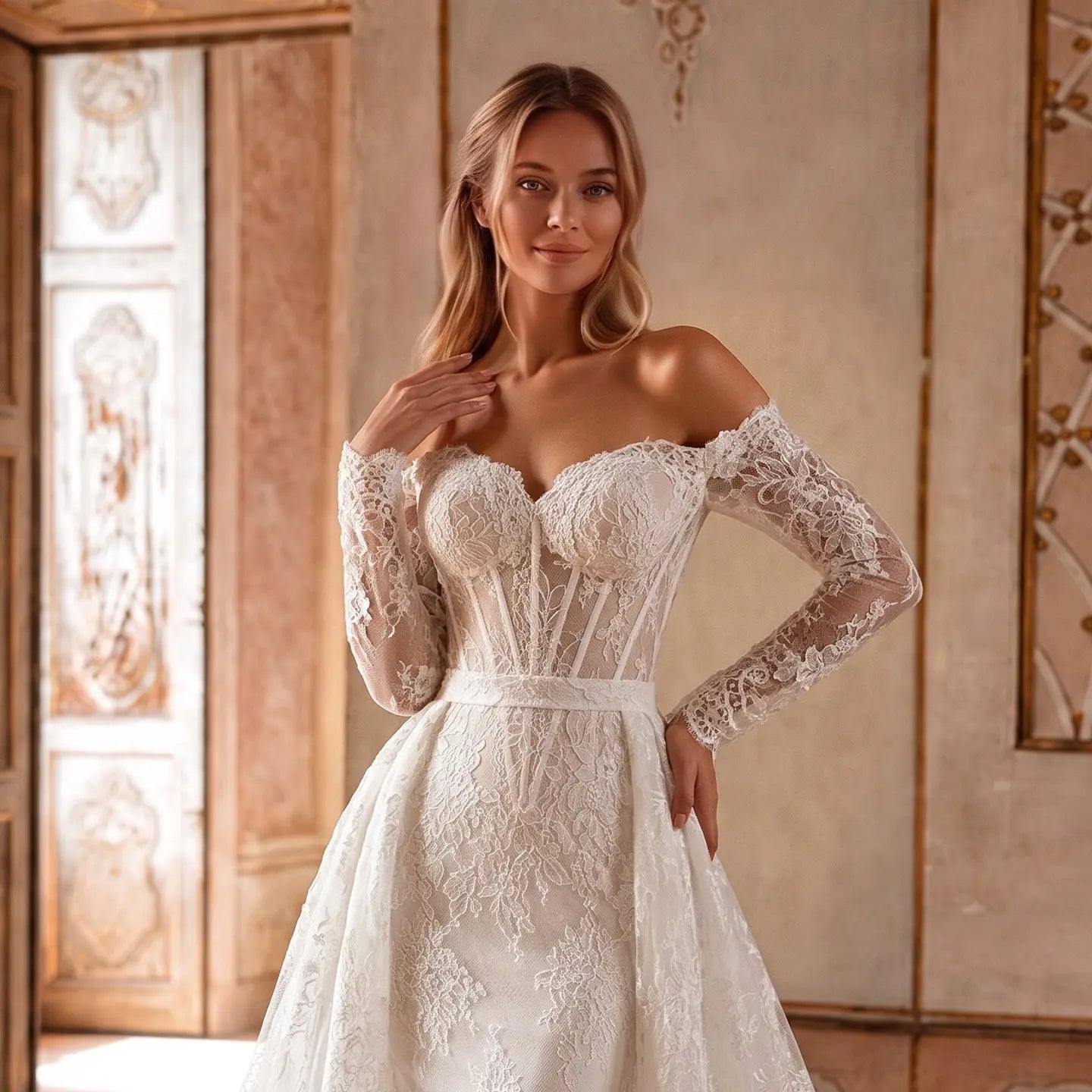 White Lace Mermaid Wedding Dress Off the Shoulder with Detachable Train and Long Sleeves SW678 - White