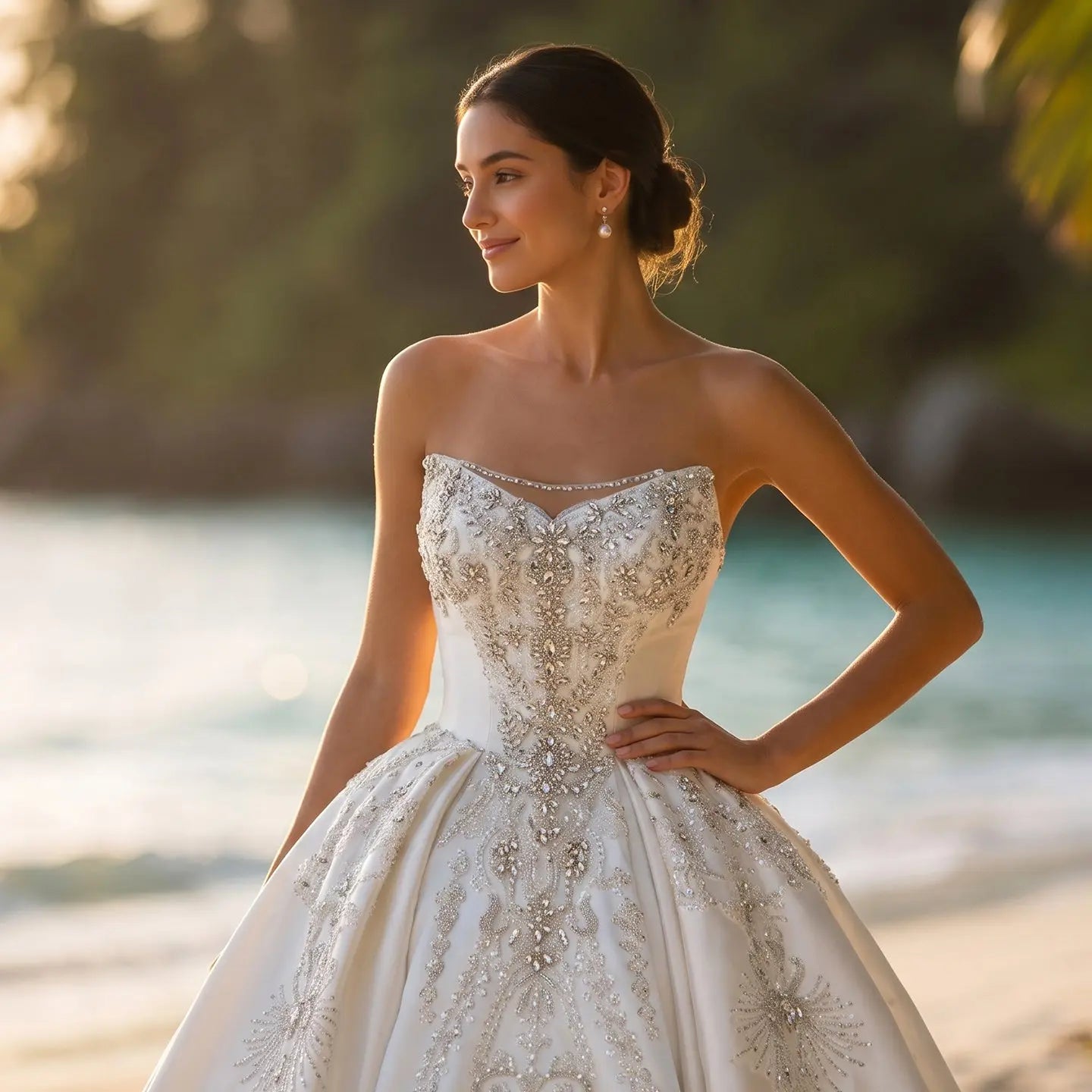 White Satin Strapless Ball Gown Wedding Dress with Luxurious Beaded Lace and Cathedral Train SW676 - White