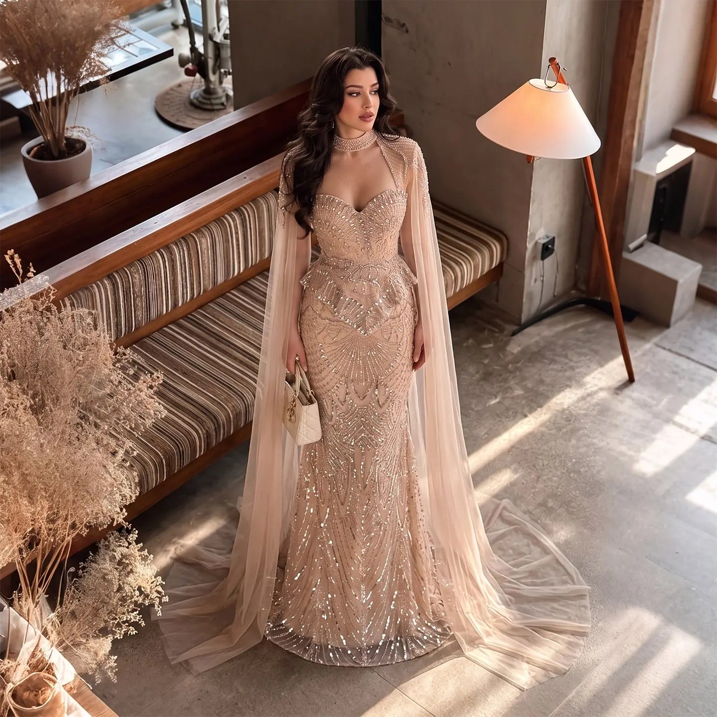 Champagne Beaded Sequined Mermaid Evening Gown With Cape SS018 - Champagne