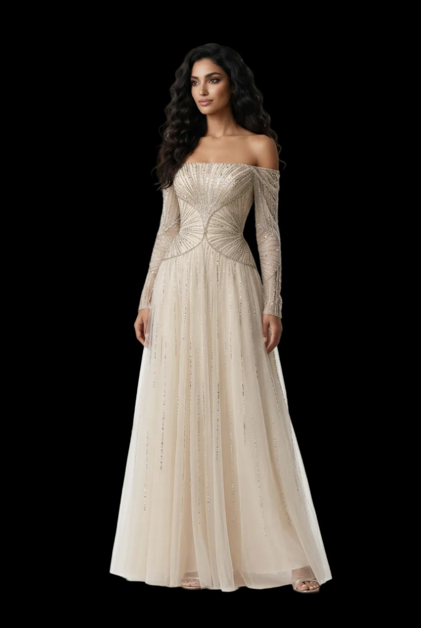 Glamorous Beige Beaded Tulle Long Sleeve Evening Dress SS507