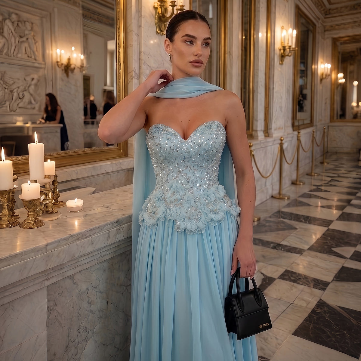Glamorous Aqua Chiffon Evening Dress with Sparkling Bodice SS274