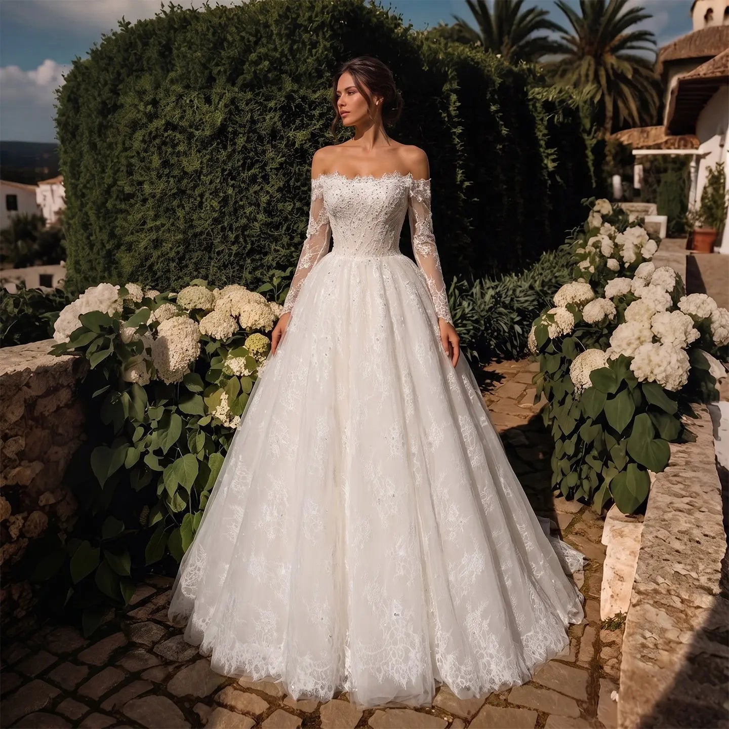White Lace and Tulle Ball Gown Wedding Dress Off the Shoulder Beaded Bridal Dress SW679 - White