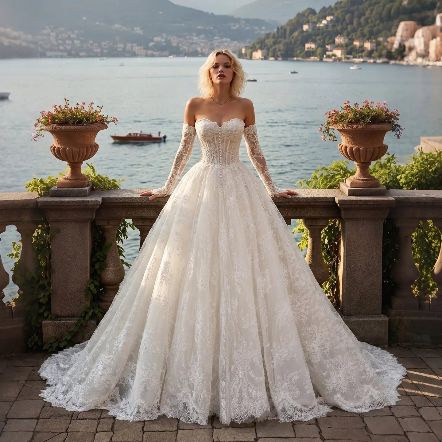 White Floral Lace Ball Gown Wedding Dress with Sweetheart Neckline and Detachable Long Sleeves SW677 - White