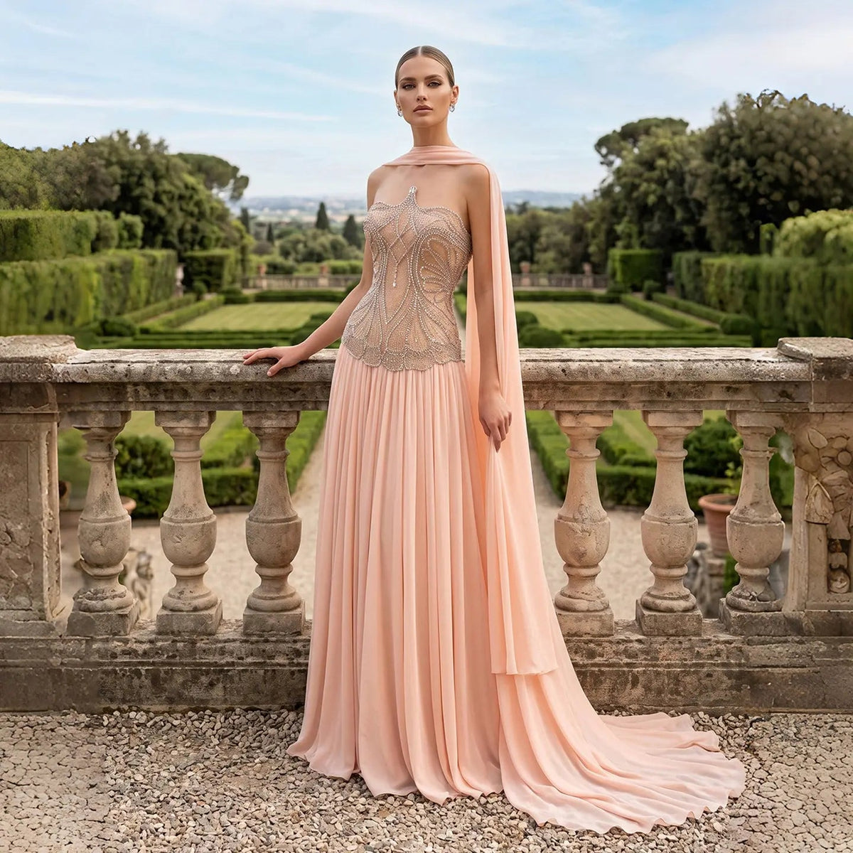 Blush Pink Strapless Corset Beaded Prom Evening Dress SS203