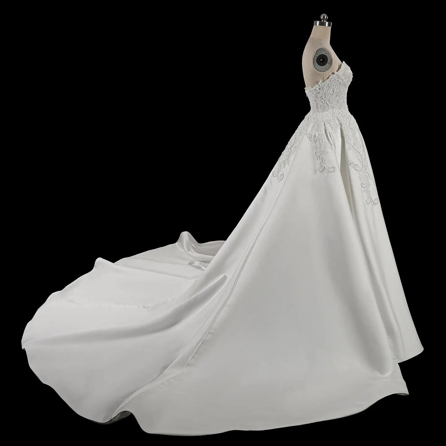White Satin Strapless Wedding Dress Lace Appliques Sweetheart Neckline Ball Gown SW743 - White