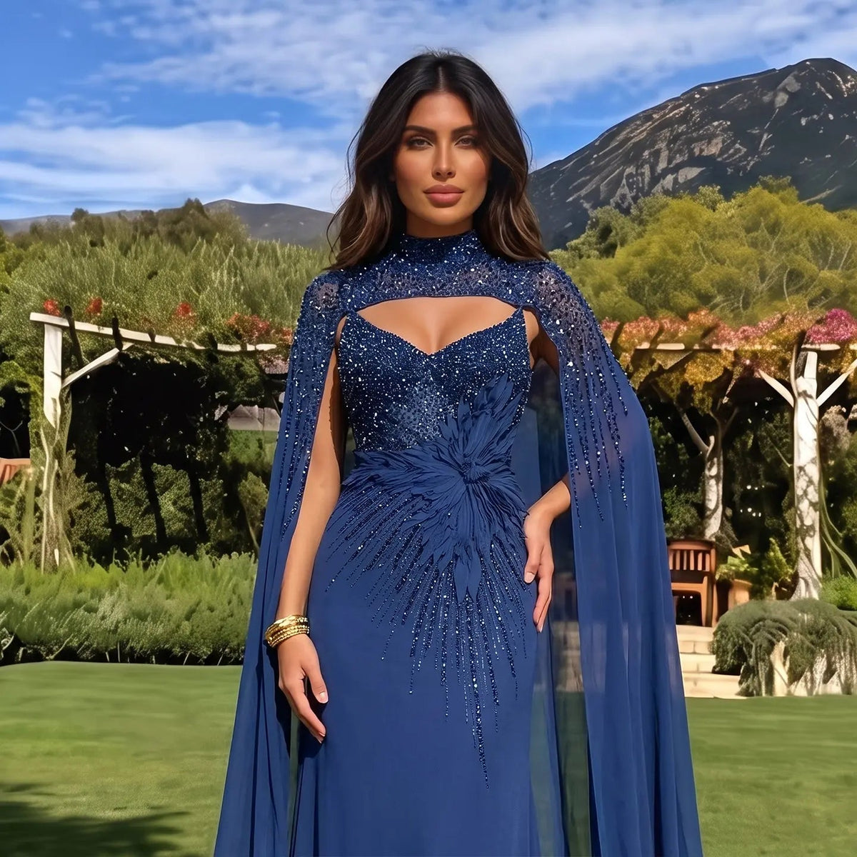 Navy Blue Beaded Cape Sleeve Cutout Formal Evening Gown SS074