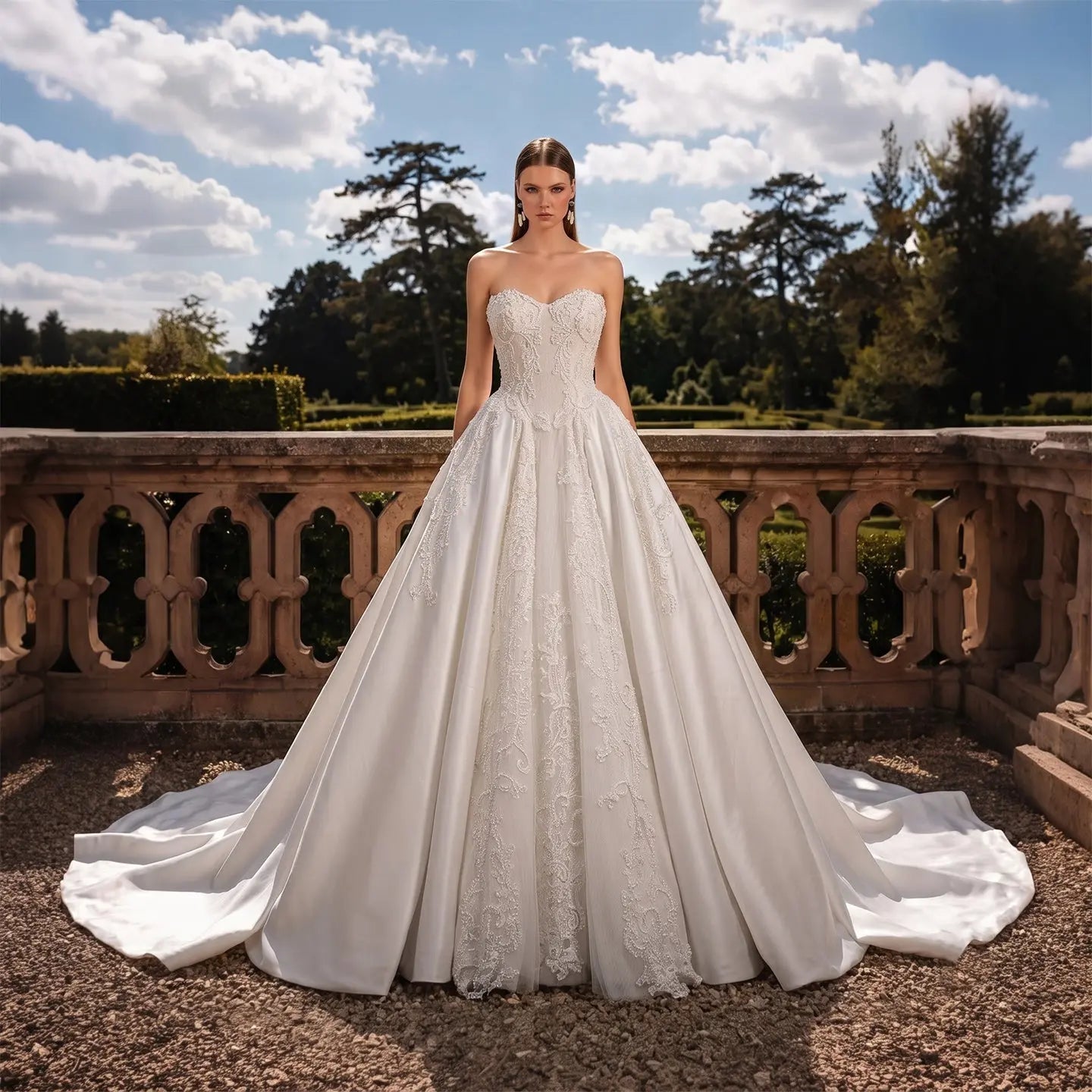 White Satin Strapless Wedding Dress Lace Appliques Sweetheart Neckline Ball Gown SW743 - White