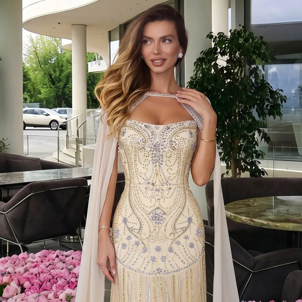 Yellow Rhinestone Cape Sleeve Mermaid Long Evening DressSS526