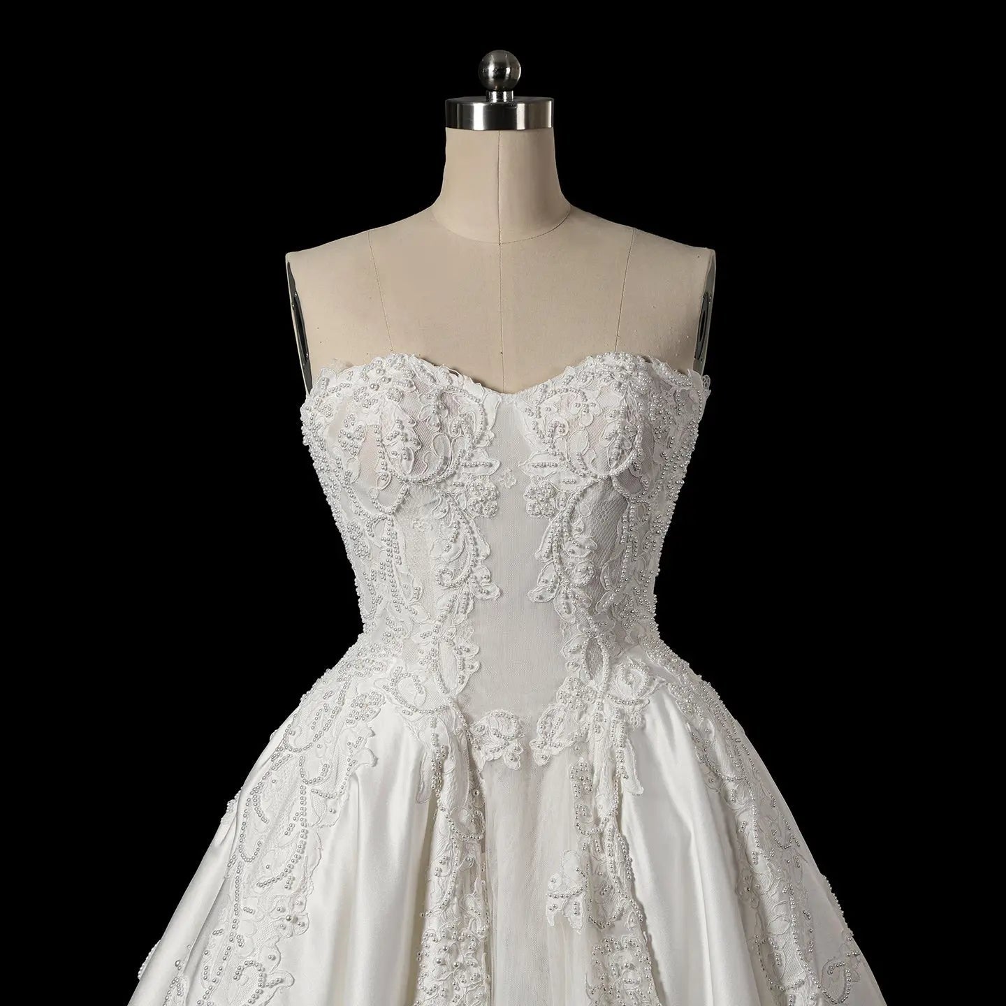 White Satin Strapless Wedding Dress Lace Appliques Sweetheart Neckline Ball Gown SW743 - White