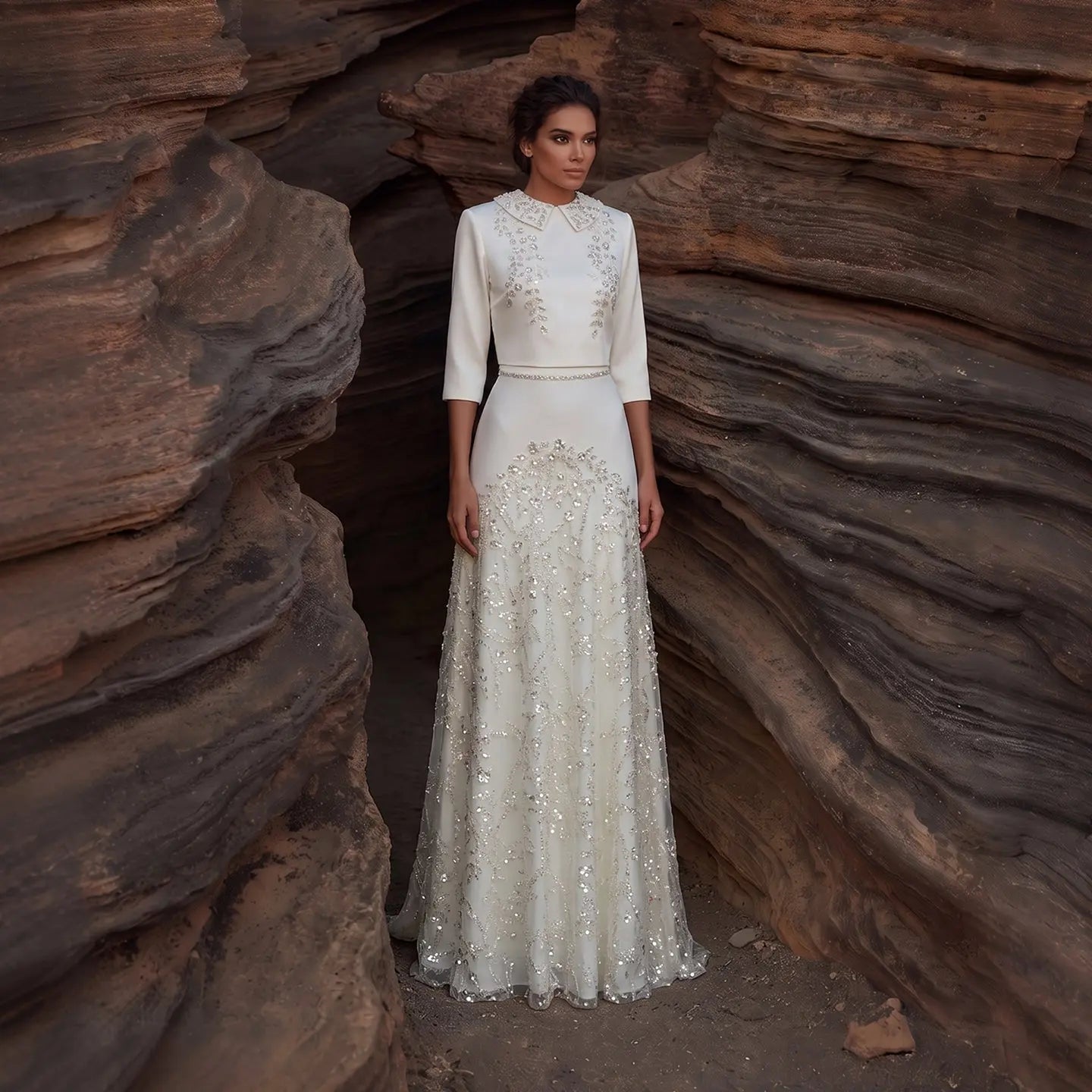 Arabic Beading Two Pieces with Sleeves Evening Dresses SS214
