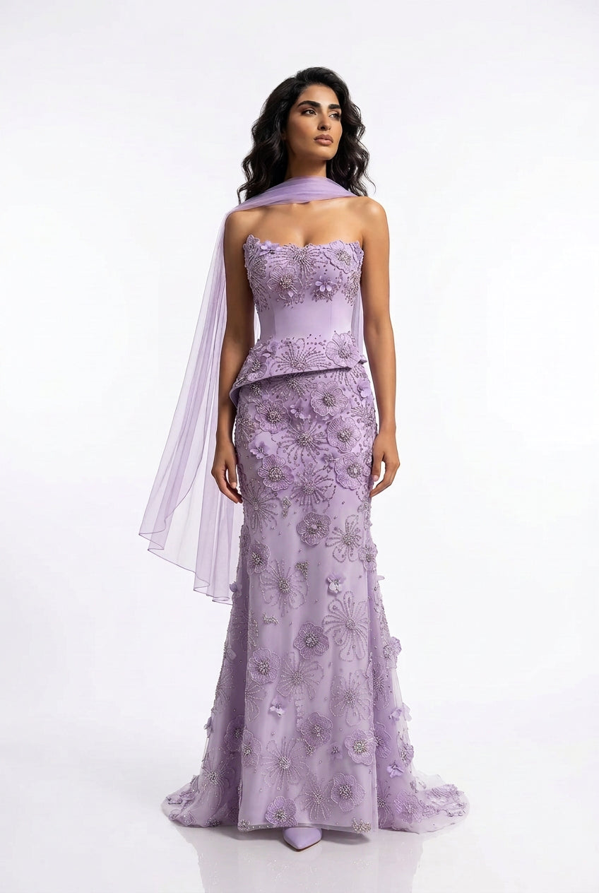 Luxury Lilac 3D Floral Applique Evening Dress with Sheer Tulle and Scarf SS415